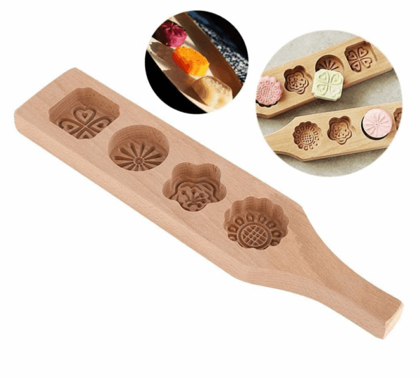 Wooden Mooncake Mold – 4 Flower Shape Cookie Press Mold for Baking Moon Pies, Muffins, Biscuits & Chocolates - Image 2