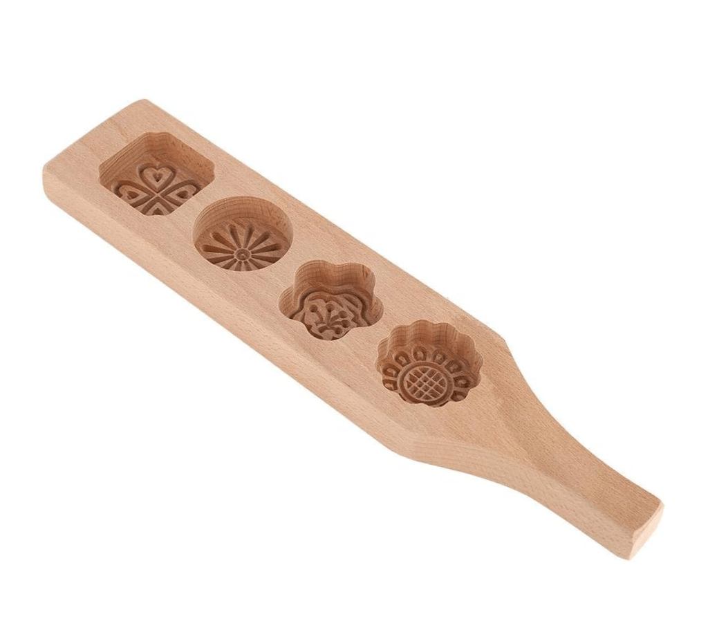 Wooden Mooncake Mold – 4 Flower Shape Cookie Press Mold for Baking Moon Pies, Muffins, Biscuits & Chocolates
