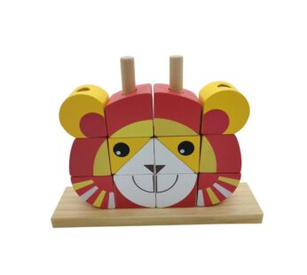 Kids Wooden Lion Block Puzzle with Base Stand – Red and Yellow Educational Stacking Toy for Early Childhood Learning and Play