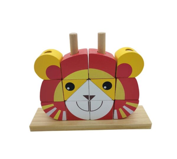 Kids Wooden Lion Block Puzzle with Base Stand – Red and Yellow Educational Stacking Toy for Early Childhood Learning and Play