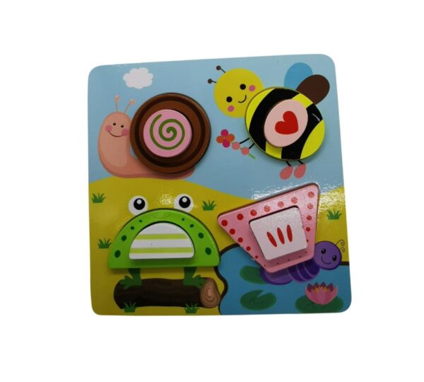 Wooden Garden Friends Puzzle Board for Kids – Educational Shape Sorter Toy Featuring Snail, Bee, Frog, and Teacup Characters for Early Learning and Development