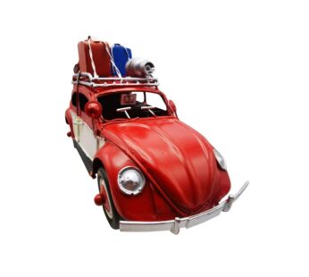 Red VW Beetle Diecast Model Car with Roof Rack and Luggage – Two-Tone Red and White Classic Collectible Toy, Two-Tone Red & White for Collectors