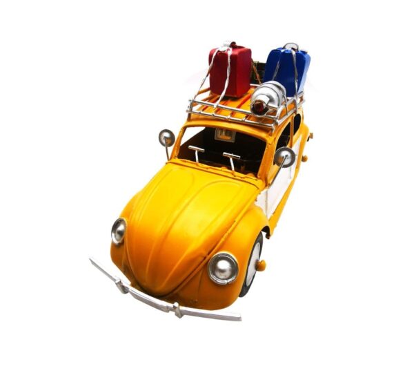 Decorative VW Beetle Model Car - Yellow Metal Collectible with Luggage Rack for Home Décor and Gift Enthusiasts, Yellow VW Beetle Model Car with Luggage Rack