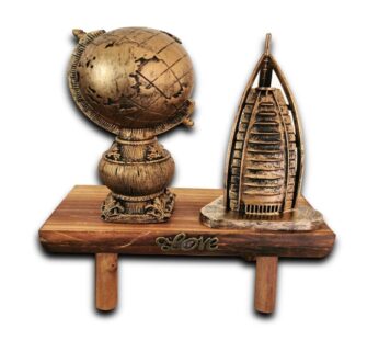 Decorative Wooden Display Stand with Vintage Globe, Burj Al Arab Model & Love Design – Antique Bronze Finish,  Wooden Display Stand Featuring Vintage Globe, Burj Al Arab Model, and Love Design in Antique Bronze