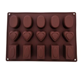 15-Cavity Silicone Chocolate Mould – Brown Flexible Mold with Heart, Oval, and Rectangle Shapes for Making Chocolates, Candies, Gummies, and More – Non-Stick, Reusable, Food-Grade Baking Tray for Homemade Treats
