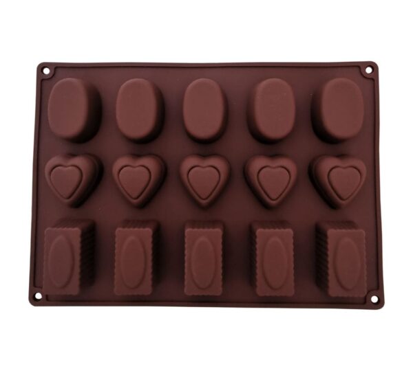 15-Cavity Silicone Chocolate Mould – Brown Flexible Mold with Heart, Oval, and Rectangle Shapes for Making Chocolates, Candies, Gummies, and More – Non-Stick, Reusable, Food-Grade Baking Tray for Homemade Treats