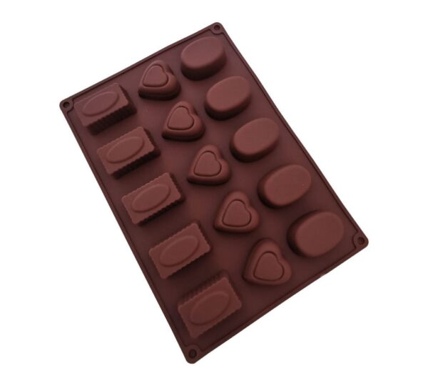 15-Cavity Silicone Chocolate Mould – Brown Flexible Mold with Heart, Oval, and Rectangle Shapes for Making Chocolates, Candies, Gummies, and More – Non-Stick, Reusable, Food-Grade Baking Tray for Homemade Treats - Image 2