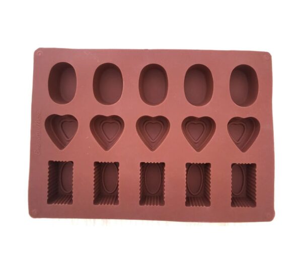 15-Cavity Silicone Chocolate Mould – Brown Flexible Mold with Heart, Oval, and Rectangle Shapes for Making Chocolates, Candies, Gummies, and More – Non-Stick, Reusable, Food-Grade Baking Tray for Homemade Treats - Image 3