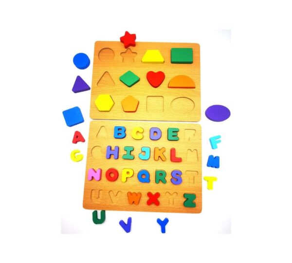 Multicolored Wooden Educational Puzzle Set with Alphabet Letters and Shapes, 2 Pieces – Ideal for Early Learning and Cognitive Skills - Image 2