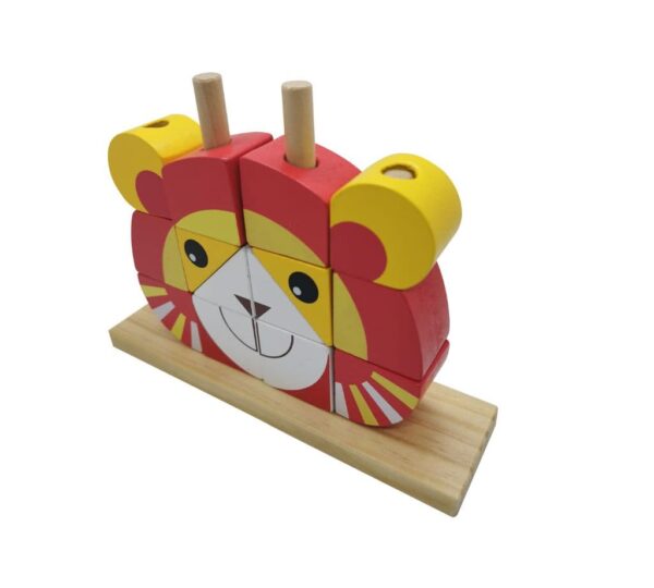 Kids Wooden Lion Block Puzzle with Base Stand – Red and Yellow Educational Stacking Toy for Early Childhood Learning and Play - Image 2