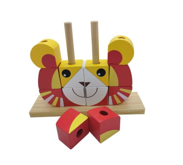 Kids Wooden Lion Block Puzzle with Base Stand – Red and Yellow Educational Stacking Toy for Early Childhood Learning and Play - Image 3