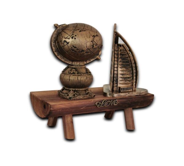 Decorative Wooden Display Stand with Vintage Globe, Burj Al Arab Model & Love Design - Antique Bronze Finish,  Wooden Display Stand Featuring Vintage Globe, Burj Al Arab Model, and Love Design in Antique Bronze - Image 2