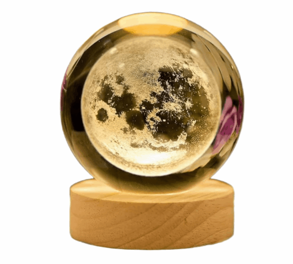 3D Crystal Ball Moon Night Light with Wooden Base – USB LED Galaxy Lamp Featuring Moon, Planets & Solar System – Decorative Universe Light for Bedroom, Home Décor, Birthday & Holiday Gifts