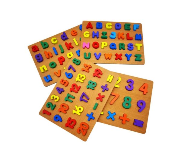 Learning with Wooden Alphabet and Numbers Puzzle Board Set – 4 Multi-Coloured Boards – Perfect Educational Toys for Early Math and Literacy - Image 4