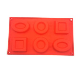 6-Cavity Silicone Baking Mould – Flexible Non-Stick Red Tray with Round and Square Shapes for Chocolate, Candy, Jelly, Soap, and Dessert Making, Durable Food-Grade Reusable Mold