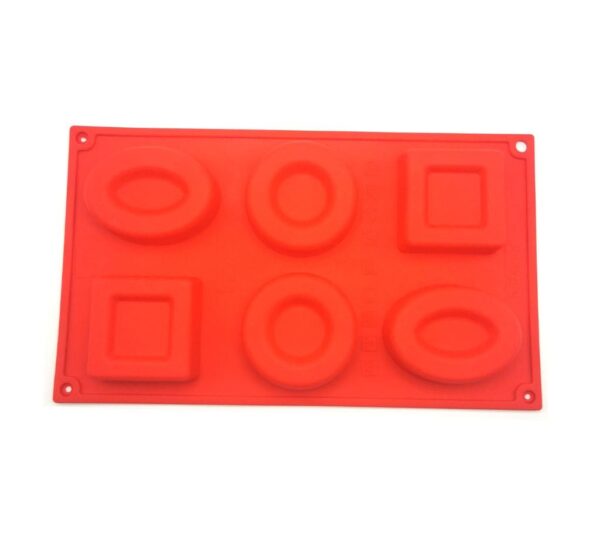 6-Cavity Silicone Baking Mould – Flexible Non-Stick Red Tray with Round and Square Shapes for Chocolate, Candy, Jelly, Soap, and Dessert Making, Durable Food-Grade Reusable Mold