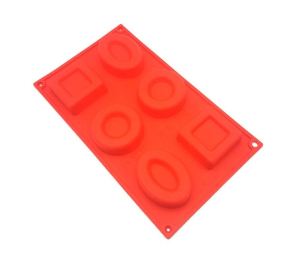 6-Cavity Silicone Baking Mould – Flexible Non-Stick Red Tray with Round and Square Shapes for Chocolate, Candy, Jelly, Soap, and Dessert Making, Durable Food-Grade Reusable Mold - Image 2