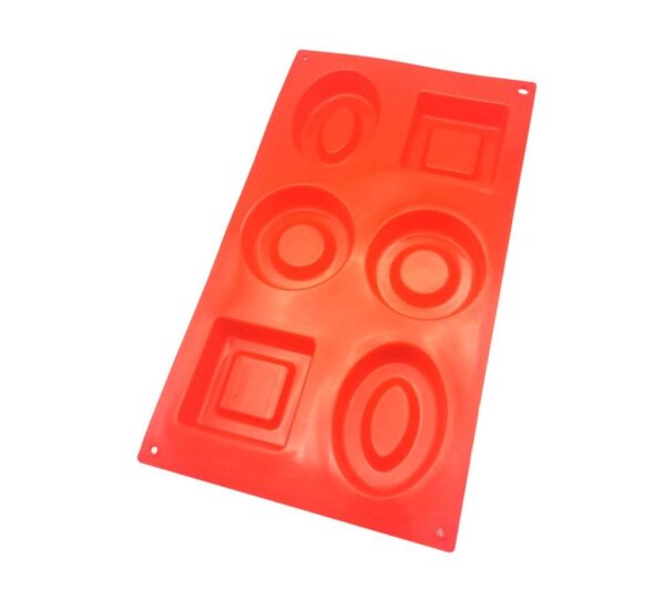 6-Cavity Silicone Baking Mould – Flexible Non-Stick Red Tray with Round and Square Shapes for Chocolate, Candy, Jelly, Soap, and Dessert Making, Durable Food-Grade Reusable Mold - Image 3