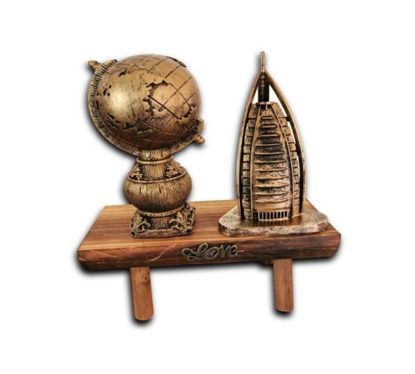 Decorative Wooden Display Stand with Vintage Globe, Burj Al Arab Model & Love Design - Antique Bronze Finish,  Wooden Display Stand Featuring Vintage Globe, Burj Al Arab Model, and Love Design in Antique Bronze - Image 3