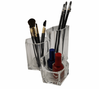 Acrylic Makeup Organizer with 3 Sections – Brush Holder & Storage Stand for Cosmetics, Toothbrushes, Pens, and Swabs