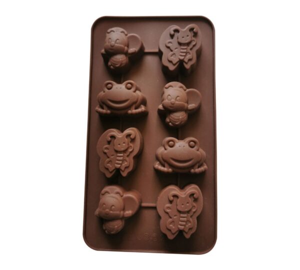 Animal and Insect Shaped Silicone Chocolate Mould with 8 Cavities Featuring Frog, Butterfly, and Bee Designs, Flexible Non-Stick Baking Tray for Chocolates and Candies – Brown
