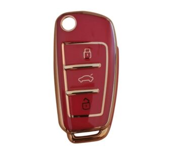 Audi Car Key Fob Cover Case for 3-Button Remote – Premium Red TPU Protective Shell with Elegant Gold Trim, Compatible with A3, A4, A5, A6, Q3, Q5, Q7 Models – Durable, Scratch-Resistant, Slim and Stylish Key Holder for Audi Smart Key