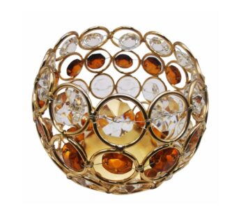 Elegant Crystal Tea Light Holder with Gold Metal Sphere Design Featuring Amber and Clear Gems – Decorative Candle Holder for Home and Events