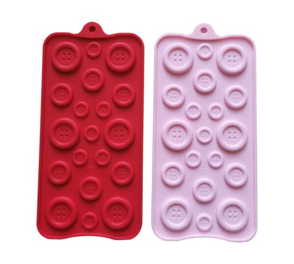 Button-Shaped Silicone Chocolate Mould, 15-Cavity Baking and Candy Making Tray, 2-Piece Set in Red and Pink – Non-Stick, Flexible, Food-Grade Molds for Chocolate, Candy, Jelly, and Fondant Creations