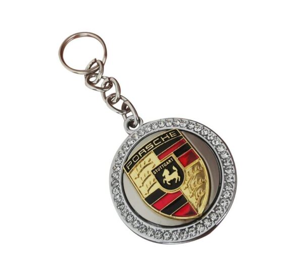 Luxury Porsche Logo Crystal Rhinestone Keychain - Premium Metal Car Key Ring in Elegant Silver and Gold Design - Image 2