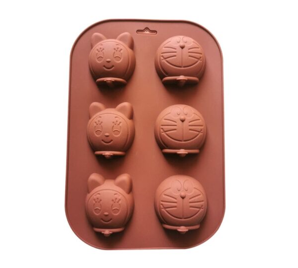 Cartoon Cat and Doraemon Character Silicone Baking Mould – 6-Cavity Brown Chocolate and Candy Mold for Fun, Themed Homemade Treats