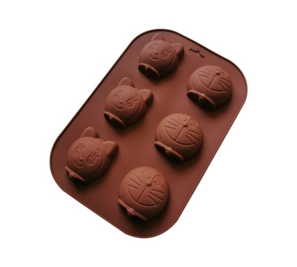 Cartoon Cat and Doraemon Character Silicone Baking Mould – 6-Cavity Brown Chocolate and Candy Mold for Fun, Themed Homemade Treats - Image 2