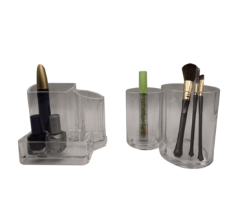 Clear Acrylic Makeup Organizer 2-Pcs Set – Dual Compartment Cotton Pads Holder & Cosmetics Storage Stand – Dispenser Divider for Makeup Brushes, Cotton Rounds, Swabs & Beauty Essentials