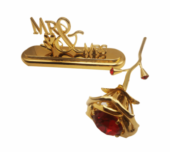 Elegant Gold-Plated Mr. & Mrs Stand with Beautiful Rose Flower – Home Décor & Special Day Gift for Weddings, Anniversaries & Events