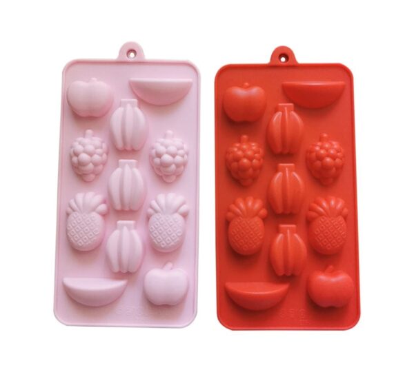 Fruit Shaped Silicone Mould Set – 2-Piece Set in Pink and Red Featuring Apple, Banana, Pineapple, and Raspberry Cavities – Flexible, Non-Stick, Food-Grade Silicone Trays Mold for Chocolates, Candy, Jelly, Baking, and Crafts – Durable and Easy to Clean