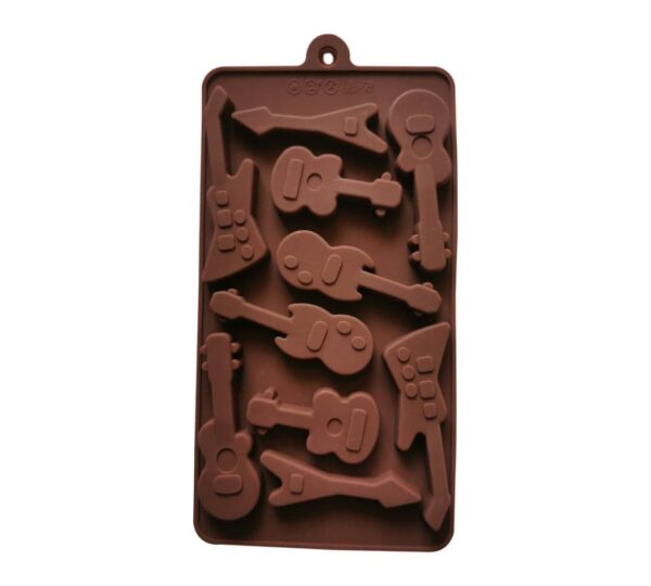 Guitar-Shaped Silicone Chocolate Mould with Musical Instrument Design, 10-Cavity Non-Stick Ice Cube and Candy Tray for Baking and Party Treats – Brown