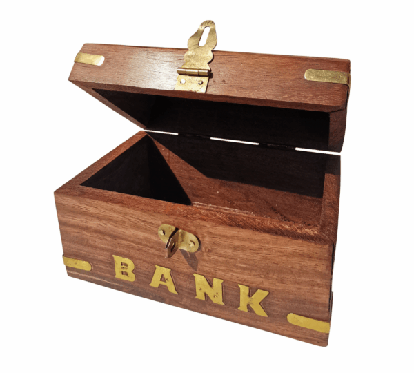 Handcrafted Wooden Money Box with Lock – Piggy Bank Coin Storage Box for Kids | Brown Wood Handicraft Gift for Children & Home Decor - Image 2