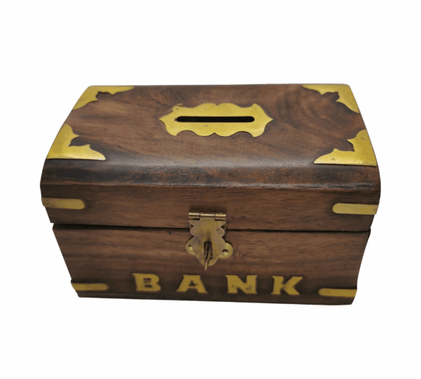 Handcrafted Wooden Money Box with Lock – Piggy Bank Coin Storage Box for Kids | Brown Wood Handicraft Gift for Children & Home Decor