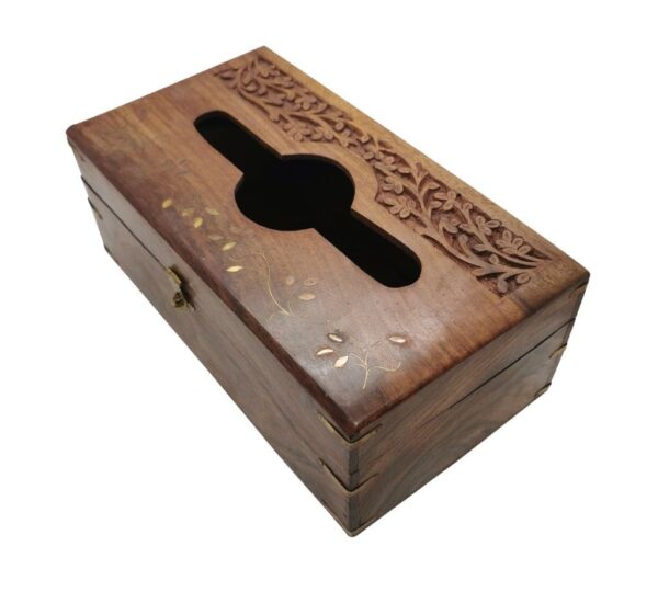Handcrafted Wooden Tissue Box Cover with Floral Carved Design – Traditional Decorative Tissue Holder with Brass Hinges for Home, Office, or Gifting - Image 2