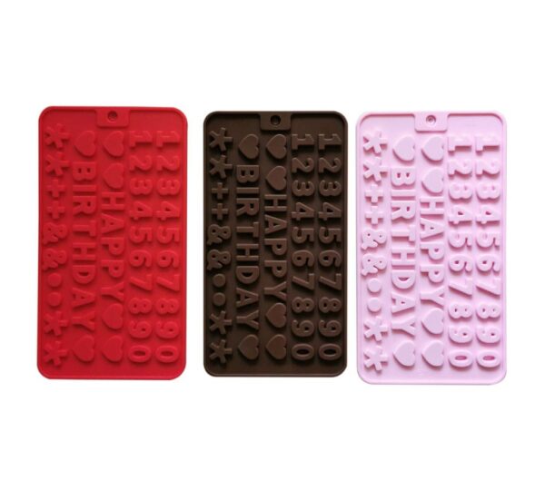 Happy Birthday Silicone Chocolate Mould Set – 3-Piece Set in Red, Brown, and Pink Featuring Numbers and Letters for Personalized Cake Decorating, Candy, Chocolate, Fondant, and Crafts – Flexible, Non-Stick, Food-Grade Silicone Trays