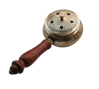 Elegant Decorative Brass Incense Burner with Wooden Handle Featuring Intricate Star Pattern Design for Home and Meditation Spaces