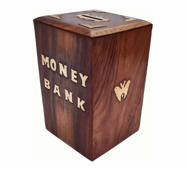 Wooden Handicraft Money Bank – Handcrafted Piggy Bank Coin Box for Kids & Adults | Traditional Wooden Saving Box Gift