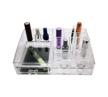 Transparent Acrylic Makeup Organizer with Drawer | Multi-Compartment Storage for Lipsticks, Nail Polishes, Brushes & Accessories