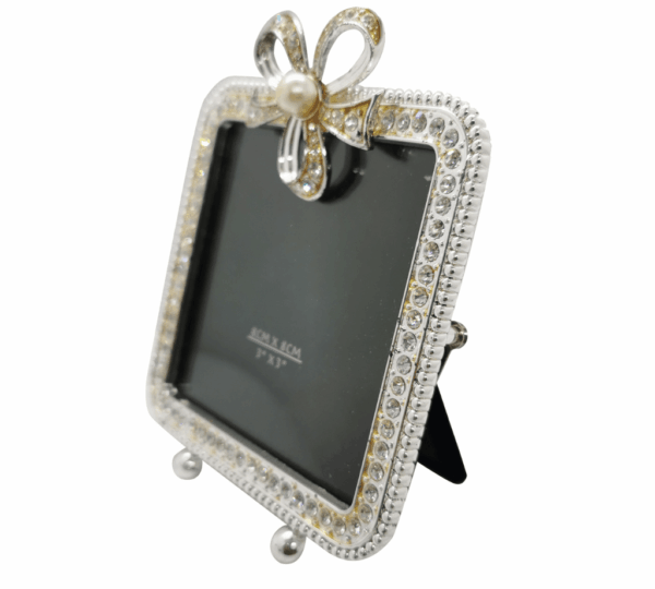 Rhinestone Picture Frame 8x8 cm – Elegant Silver Plated Metal Photo Frame with High Definition Glass Front, Sparkling Crystal Border, Tabletop Display for Wedding, Graduation, Baby Photo & Home Decor – Vertical or Horizontal Display - Image 2