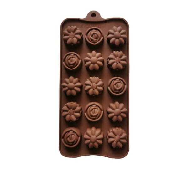 Silicone Chocolate Mould with 15 Cavities Featuring Elegant Flower and Rose Shapes, Flexible Non-Stick Baking Tray Mold for Chocolates, Candies, and Decorative Treats – Brown
