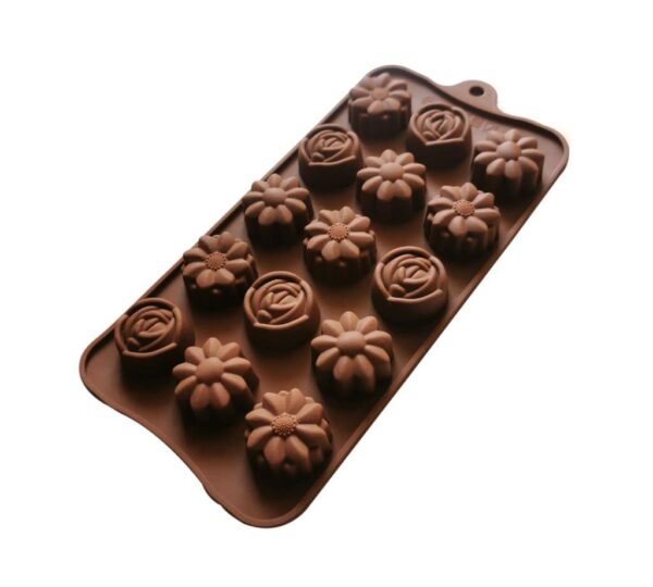 Silicone Chocolate Mould with 15 Cavities Featuring Elegant Flower and Rose Shapes, Flexible Non-Stick Baking Tray Mold for Chocolates, Candies, and Decorative Treats – Brown - Image 2
