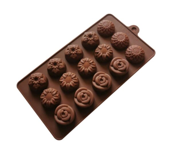 Elegant Floral Silicone Chocolate Mould with 15 Intricate Flower-Shaped Cavities, Non-Stick Flexible Tray Mold for Homemade Sweets, Desserts, and Gifts – Brown - Image 2