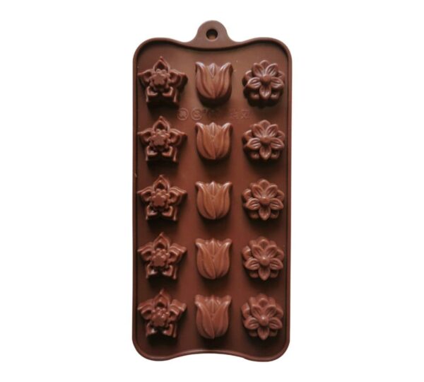 Silicone Chocolate Mould with Floral Designs Featuring 15 Cavities of Tulip and Flower Shapes, Non-Stick Flexible Baking Tray Mold for Candies and Treats – Brown