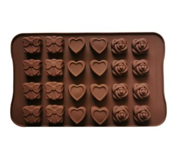 Silicone Chocolate Mould with 24 Cavities Featuring Hearts, Roses, and Bows Designs, Non-Stick Flexible Baking Tray Mold for Chocolates, Candies, and Treats – Brown