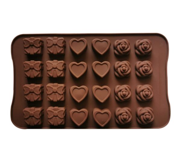 Silicone Chocolate Mould with 24 Cavities Featuring Hearts, Roses, and Bows Designs, Non-Stick Flexible Baking Tray Mold for Chocolates, Candies, and Treats – Brown