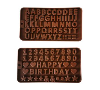 Silicone Letter and Number Mould Set – 2-Piece Brown Alphabet and Birthday Message Chocolate Candy Moulds with Hearts, Stars, and Special Characters – Flexible Non-Stick Trays for Baking, Fondant, and DIY Crafts